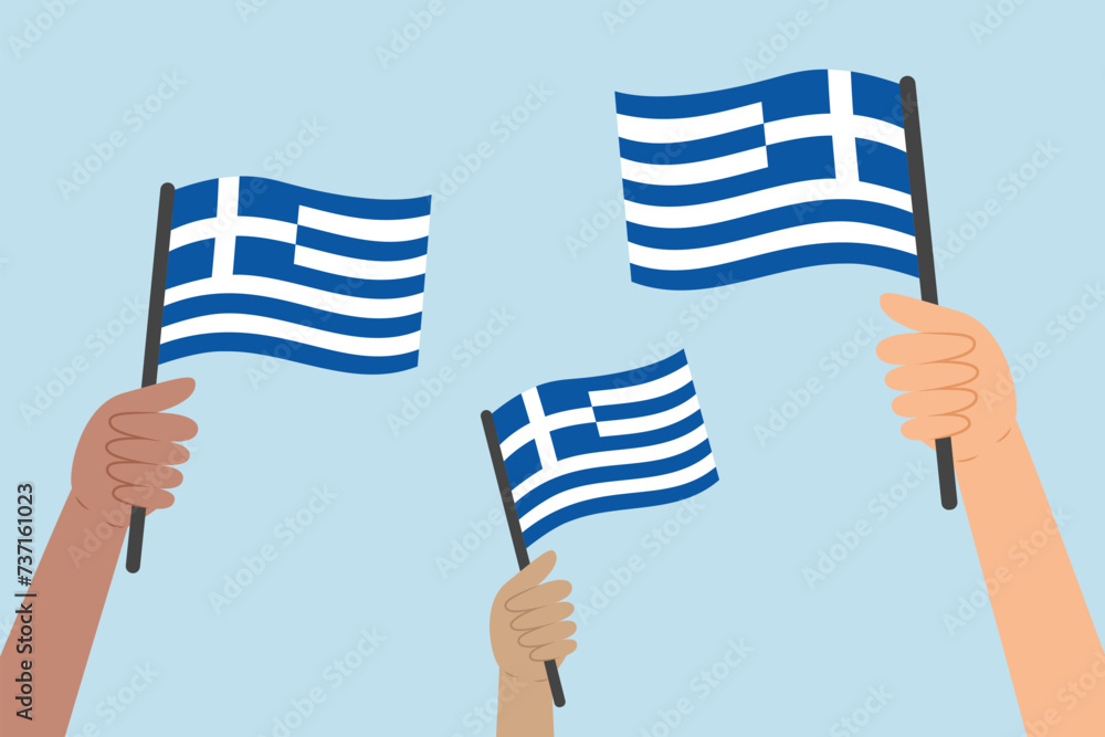 Obraz premium Diverse hands raising flags of Greece. Vector illustration of Greek flags in flat style on blue background.