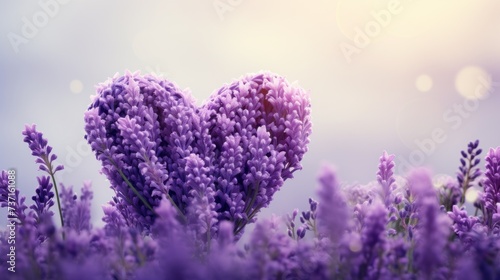 a heart shaped purple flower in the middle of a field of purple flowers with a blue sky in the background.