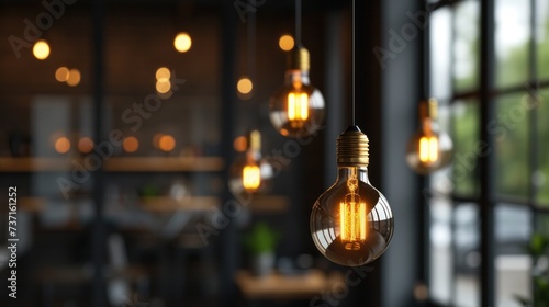 a bunch of light bulbs hanging from a ceiling in a room with a lot of windows and a table in the background.