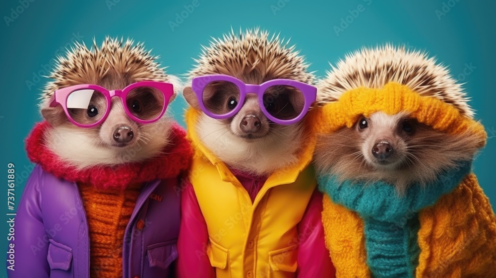 Creative animal concept. Hedgehog in a group, vibrant bright fashionable outfits isolated on solid background advertisement, copy text space