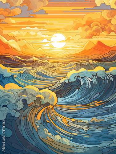 Wave Blue Layer, Wind Layer, Golden Sun On Top, Landscape, Wave Layer, Wind Layer, Golden Sun Above, Decorative Illustration