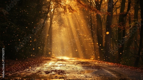 a dirt road in the middle of a forest with sunbeams shining through the trees and falling leaves on the ground.