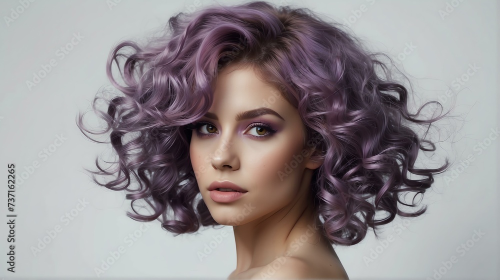 Purple haired woman with voluminous, shiny and curly flying hairstyle on plain white background from Generative AI - obrazy, fototapety, plakaty 