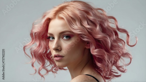 Pink haired woman with voluminous, shiny and curly flying hairstyle on plain white background from Generative AI