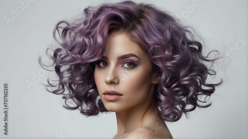 Purple haired woman with voluminous, shiny and curly flying hairstyle on plain white background from Generative AI photo