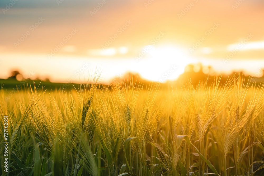 Golden hour sunset over the field of wheat, summer sunrise nature farming background, Generative AI