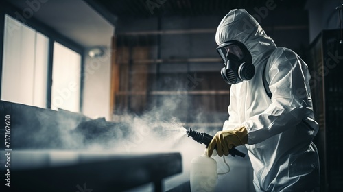 A disinfectant putting on a protective suit washes and disinfects the interior surfaces of the house. Sanitary treatment, prevention and control of viral epidemics and insect pests. © liliyabatyrova
