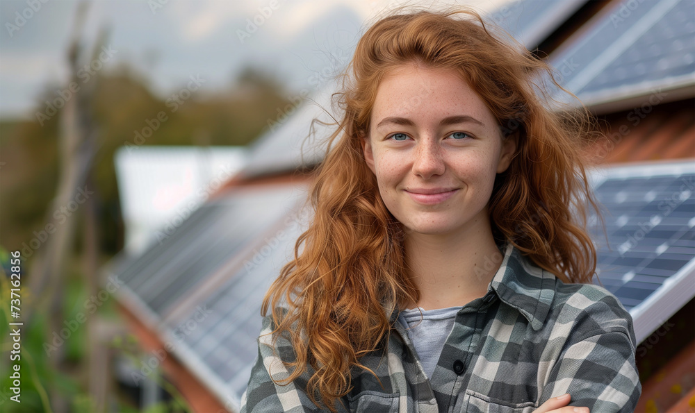 Portrait of a Redheaded Woman Standing in Front of Solar Panel Farm, Green and Renewable Energy, Sustainable Lifestyle, Solar Power, Green Technology, Eco-Friendly Energy. Portrait of a Redheaded Woman Standing in Front of Solar Panel Farm, Green and Renewable Energy, Sustainable Lifestyle, Solar Power, Green Technology, Eco-Friendly Energy.