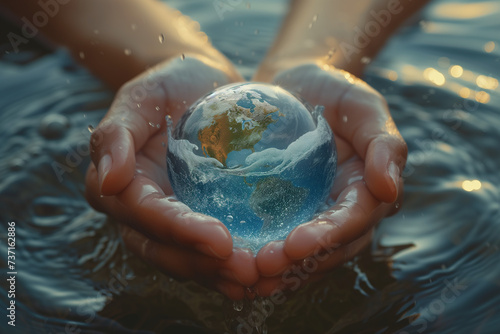 Close-up of two hands holding planet Earth ball globe in the ocean, wave splashes of sea water, ecology environmental awareness, Generative AI