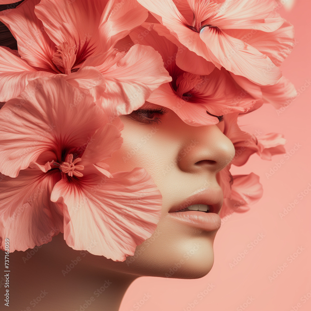 Beautiful young woman with pink hibiscus flower hair, Generative AI