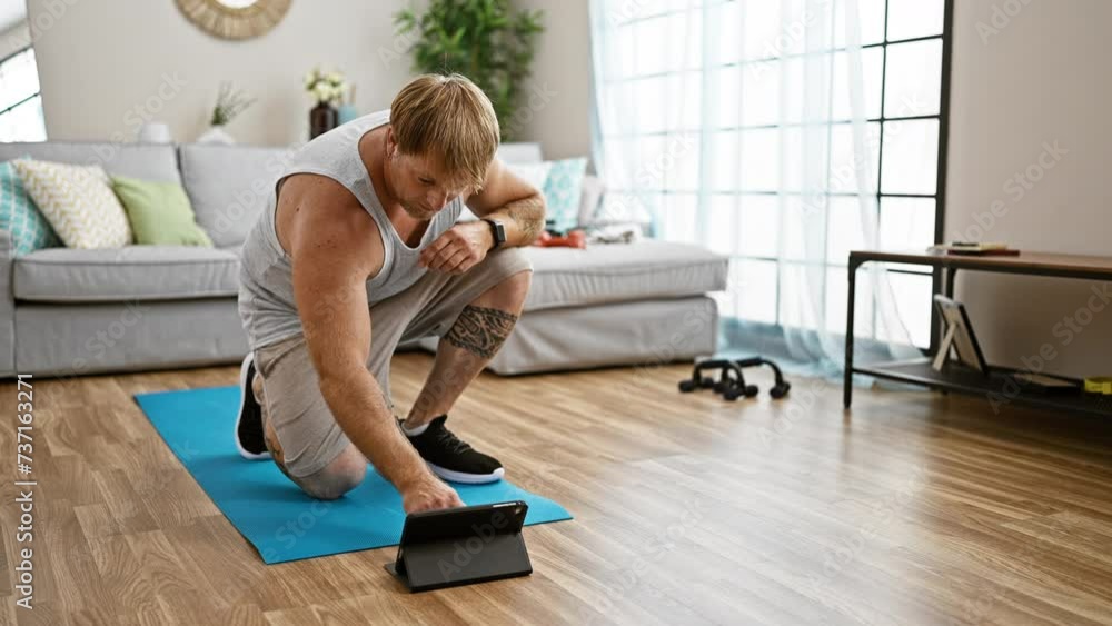 A fit man with a tattoo and beard kneels on a yoga mat at home, setting up a tablet for a workout. A fit man with a tattoo and beard kneels on a yoga mat at home, setting up a tablet for a workout.