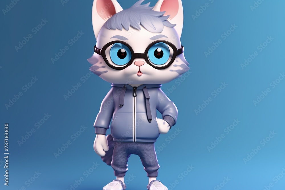 3d Smart and Sporty cat  The Adventures of  cat Feline Fashionista in Glasses and Tracksuit cat in tracksuit with glassess