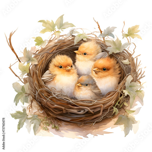 Birds in Nest Watercolor Clipart, Cute Bird Mom and Baby Illustration
