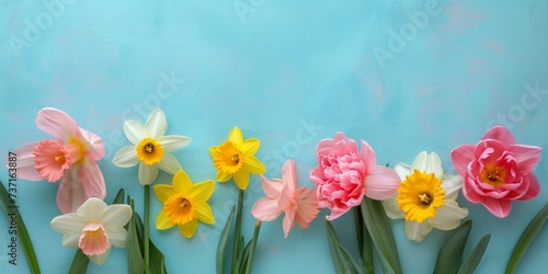 Pink Daffodils Tulips with Blue Table Top Background in the Style of Bright Light Gray and Azure created with Generative AI Technology