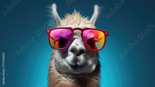 Creative animal concept. Llama in sunglass shade glasses isolated on solid pastel background, commercial, editorial advertisement, surreal surrealism © Usman