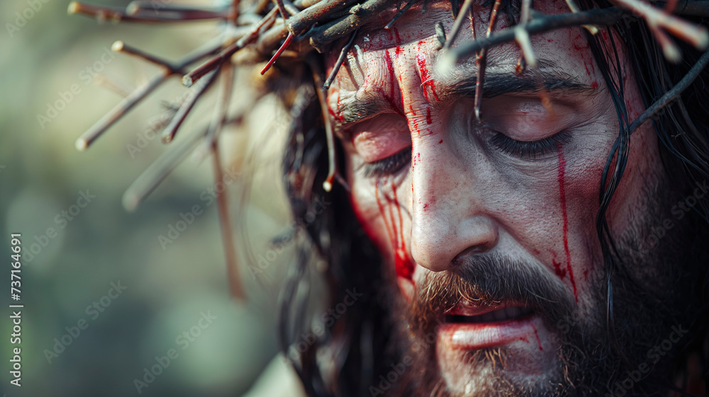 Retrato de Jesucristo en la cruz con la cara manchada de sangre y la corona de espinas Retrato de Jesucristo en la cruz con la cara manchada de sangre y la corona de espinas