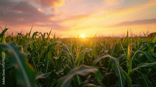 A Corn Field with a Enchanting Sunset and Clouds