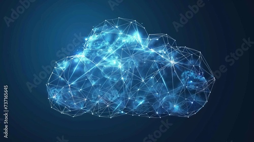 Polygonal wireframe cloud with connection on blue background. Big data center and future infrastructure. Business technology and network server online digital data. © Emil