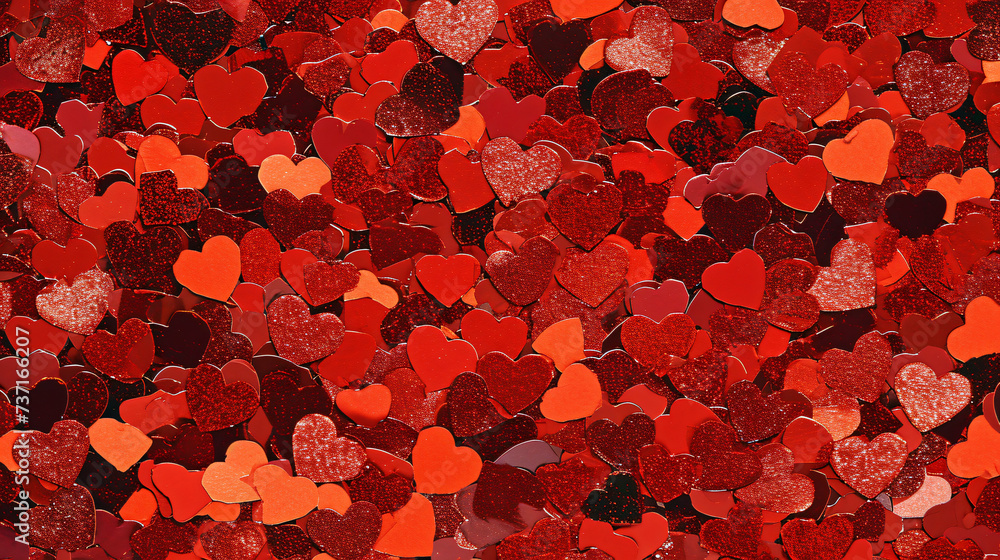 lots of red paper hearts that cover the whole floor and glitter