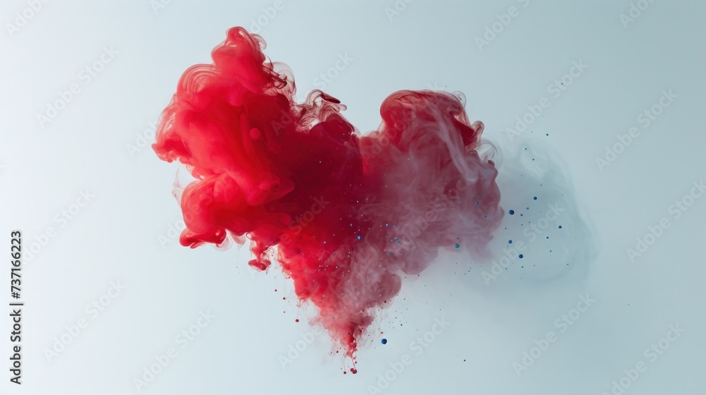 a red substance floating air on a white background with a black spot middle of the image.