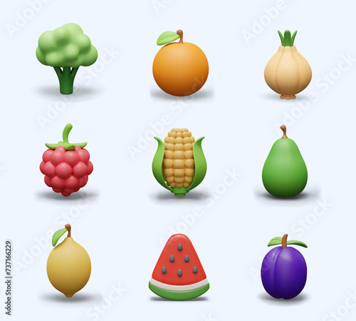 Cute images of broccoli, orange, onion, raspberry, corn, pear, lemon, watermelon, plum