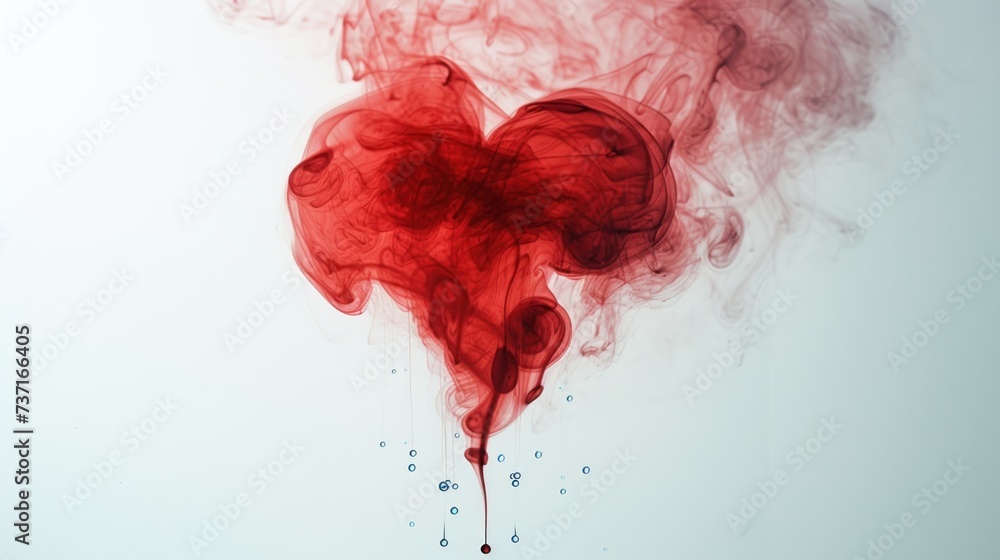 a red heart shaped cloud of smoke on a white background with a drop of water on the bottom of it.