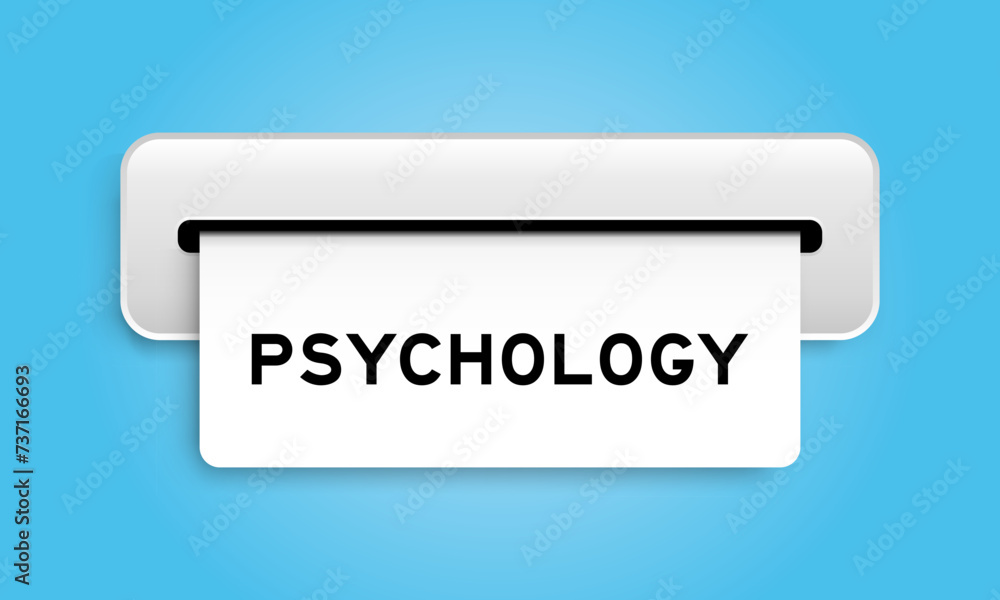 White coupon banner with word psychology from machine on blue color background White coupon banner with word psychology from machine on blue color background