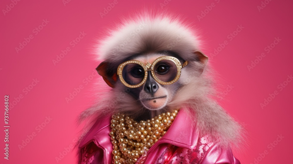 Creative animal concept. Monkey in glam fashionable couture high end outfits isolated on bright background advertisement, copy space