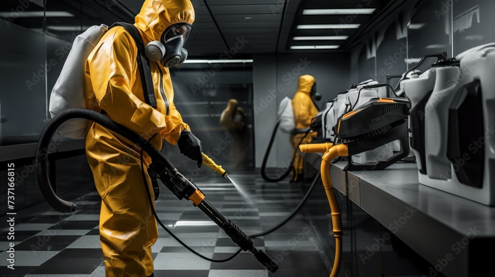 Specialists wearing yellow protective suits spray and disinfect the surfaces of the interior. Sanitation, healthcare, prevention and control of viral epidemics and insect pests. - obrazy, fototapety, plakaty 