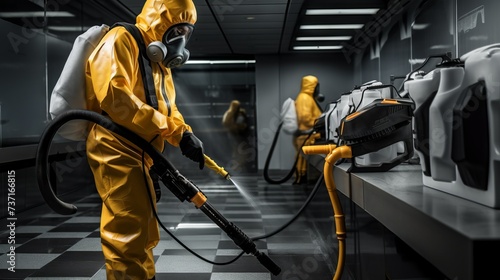 Specialists wearing yellow protective suits spray and disinfect the surfaces of the interior. Sanitation, healthcare, prevention and control of viral epidemics and insect pests. © liliyabatyrova