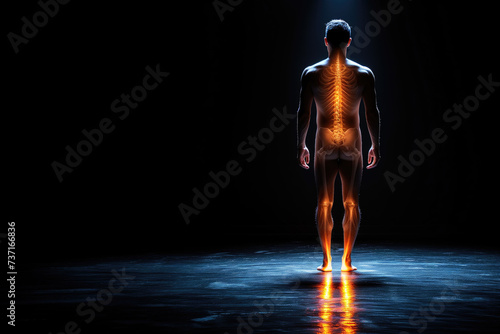 Full length man on a black background, human skeleton, lumbar and neck pain, intervertebral spine hernia, back pain, spinal disc disease, hip joint arthritis, copy space