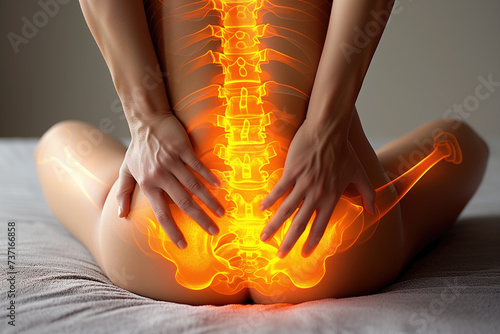 Lumbar intervertebral spine hernia, woman with back pain at home, spinal disc disease, health problems concept photo