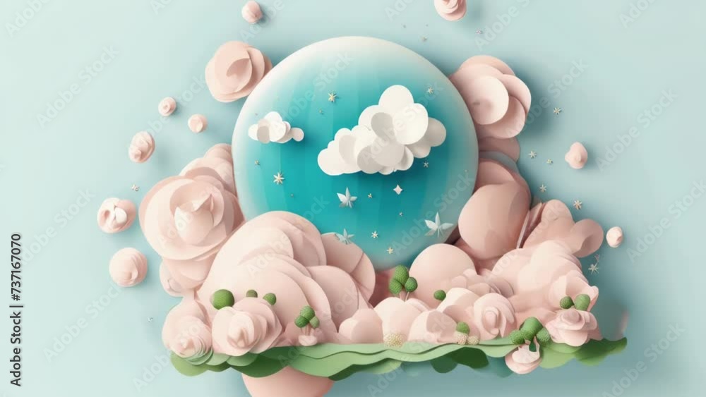 Beautiful blue egg is surrounded by fluffy white clouds and colorful flowers Beautiful blue egg is surrounded by fluffy white clouds and colorful flowers