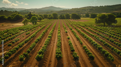 Symmetrical rows of grapevines stretch across a sunlit field, with rolling hills and trees in the background..