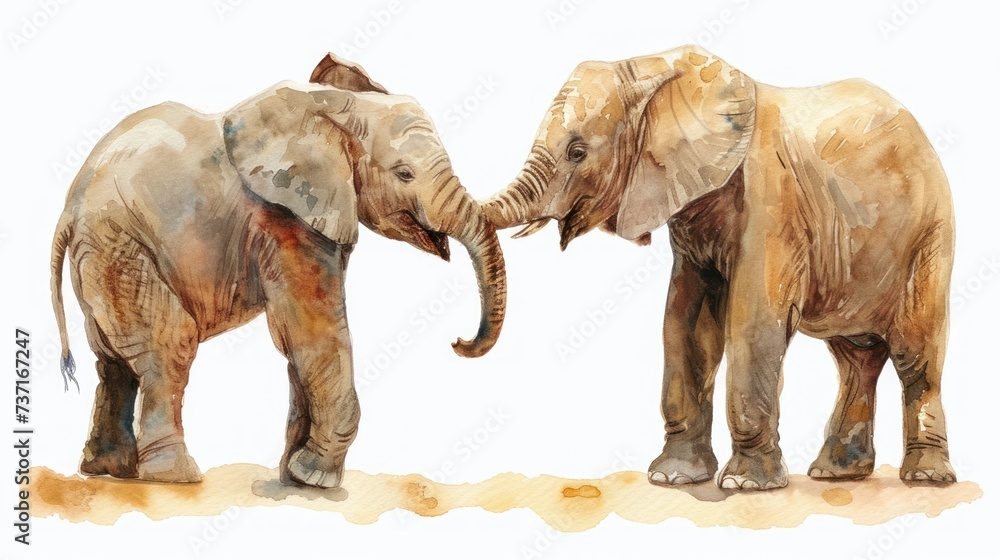 Fototapeta premium two elephants standing next to trunks touching 's trunks tusks.