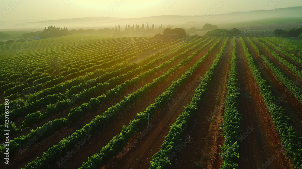 Symmetrical rows of grapevines stretch across a sunlit field, with rolling hills and trees in the background..