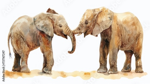 two elephants standing next to trunks touching 's trunks tusks. © Anna