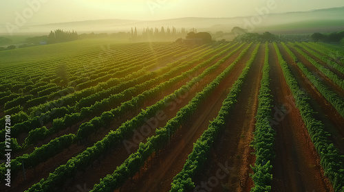 Symmetrical rows of grapevines stretch across a sunlit field  with rolling hills and trees in the background..