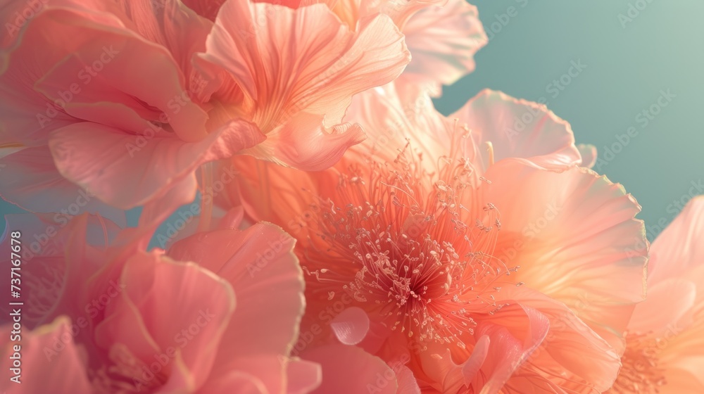 a close up of a bunch of flowers on a blue and pink background with a blurry sky in the background.