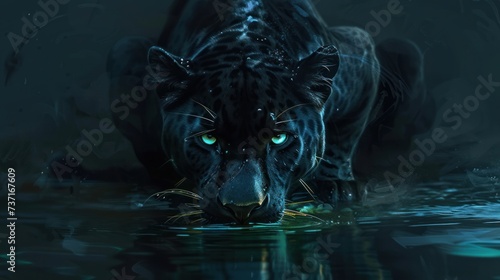a digital painting of a black leopard with its head and it's eyes glowing.
