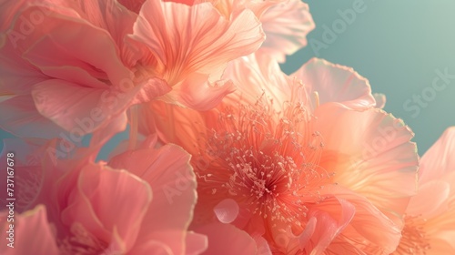a close up of a bunch of flowers on a blue and pink background with a blurry sky in the background. photo