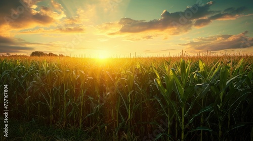A Corn Field with a Fiery Sunset and Dramatic Clouds