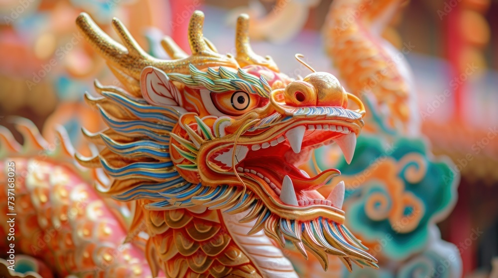 Closeup of a gold dragon statue with red and green details and white sharp teeth at a temple with gold details