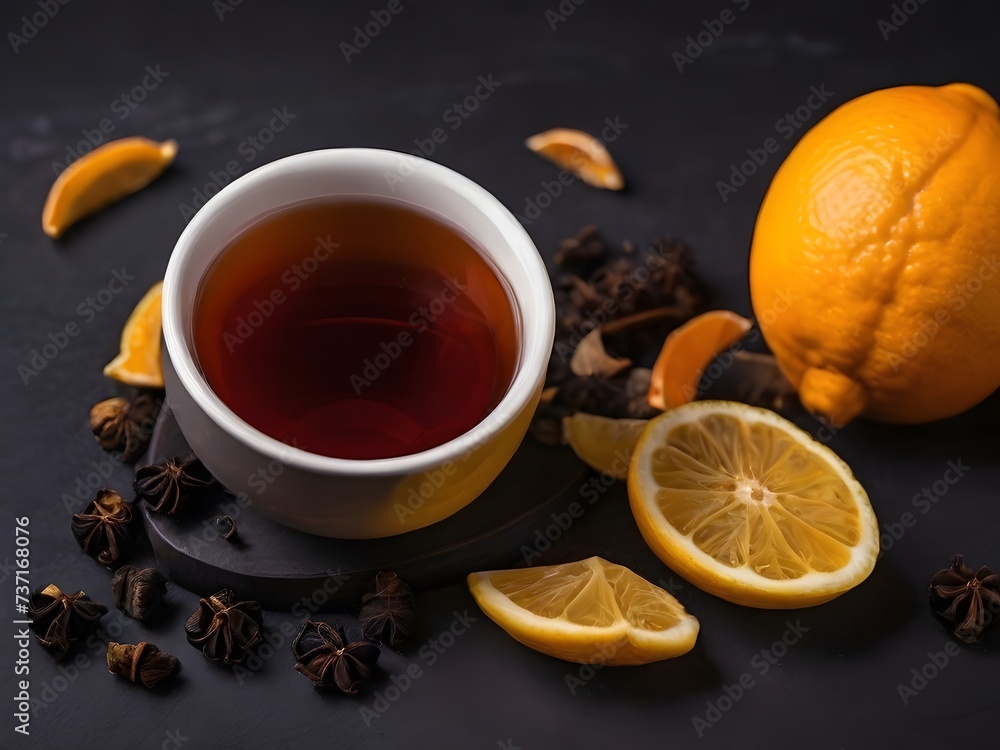 Cup of tea with lemon and cinnamon sticks on dark background. AI Generated Cup of tea with lemon and cinnamon sticks on dark background. AI Generated