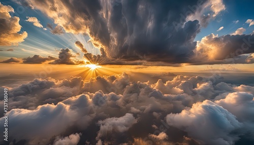 sun rays through the clouds, sunset, golden hour, blue sky with clouds, clouds in the sky, panoramic view of clouds, cloud background