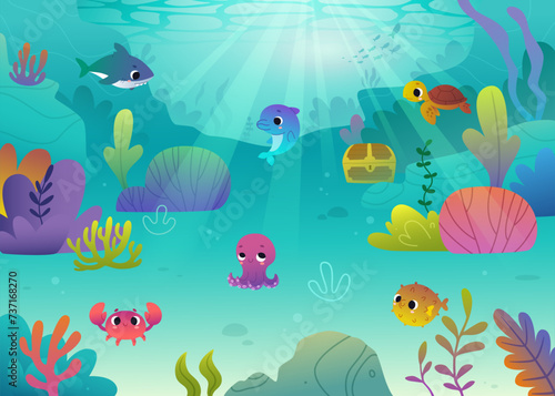Cartoon seabed with cute sea animals. Colorful vector underwater seascape with algae and adorable animals.
