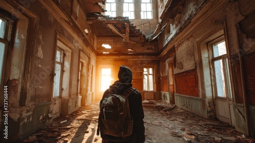 Urban explorer in an abandoned building, back to the camera, exploring mysterious corridors, ambient light through broken windows, adventure and urbex theme.