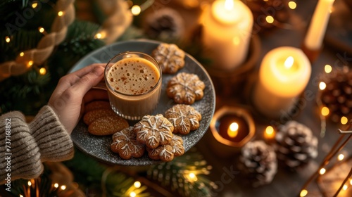 a person holding a plate of cookies and a cup of coffee on a table with a christmas tree in the background.