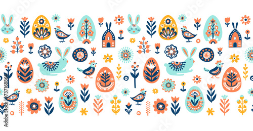Simple Easter Scandinavian seamless pattern with bunny, eggs and flowers
