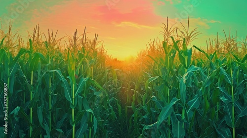 A Corn Field with a Glowing Sunset and Clouds